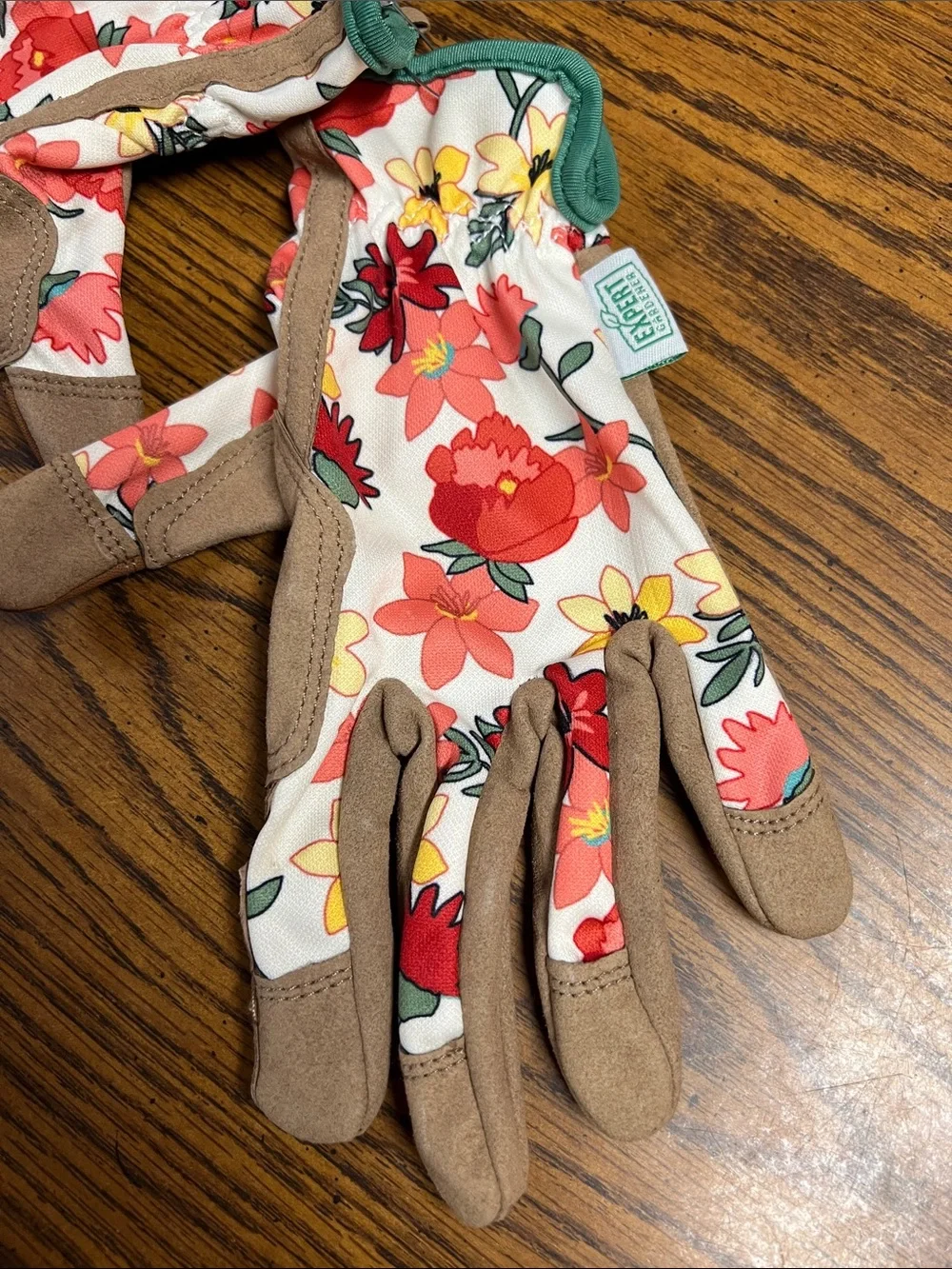 Kids Floral Garden Mittens — Cream with Coral & Tan Accents